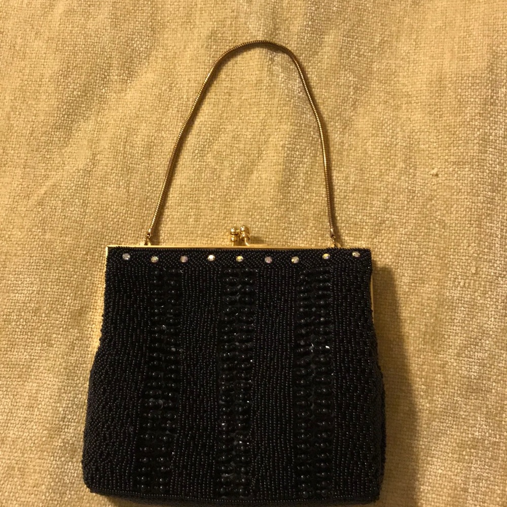 Black Beaded & rhinestone gold accent prom purse
